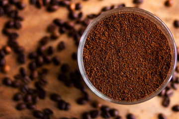 Ground coffee in a glass jar background