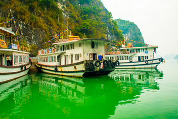 Fototapeta na wymiar Green sea water in Halong Bay in Vietnam