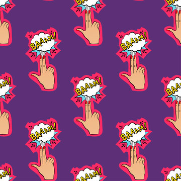 Abstract seamless pin up pattern for girls, boys, clothes. Creative vector pin up pattern with fingers gun, cloud. Funny pattern pop art wallpaper for textile and fabric. Fashion pop art style.