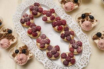 Raspberry cupcakes/Candy bar display with a raspberry cupcakes plateau and other sweet cookies with berries and frosting aside.
