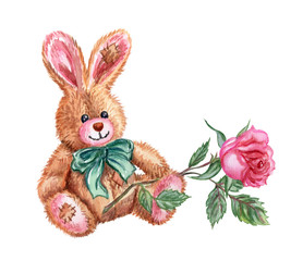 Toy bunny with a green bow with a rose in the paws, watercolor drawing on a white background isolated.