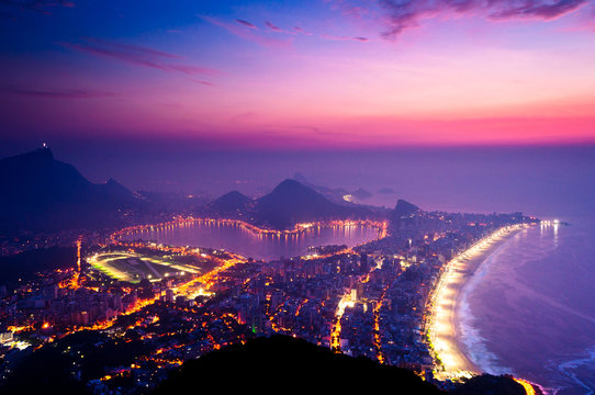 Night View Of Rio de Janeiro with Ipanema Beach, Hills, Lagoon and Urban Areas Just Before the Sunrise