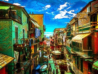 Bright summer street in Italy, Cinque Terre. Big size oil painting pictorial art. Modern impressionism drawing artwork. Creative artistic print for canvas or textile. Wallpaper, poster or postcard.