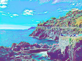 Cinque Terre, Manarola. Schönheit italienischer Ferienort im Sommer. Große Ölgemälde-Bildkunst. Moderne Impressionismus-Zeichnungsgrafik. Kreativer künstlerischer Druck für Leinwand oder Textil. © AnnArts