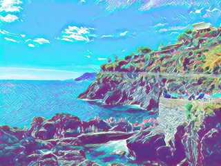 Cinque Terre, Manarola. Schönheit italienischer Ferienort im Sommer. Große Ölgemälde-Bildkunst. Moderne Impressionismus-Zeichnungsgrafik. Kreativer künstlerischer Druck für Leinwand oder Textil. © AnnArts