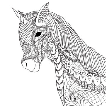Unicorn for coloring book page and other design element. Vector illustration