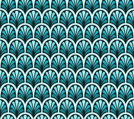 Fototapeta na wymiar Floral Stylish Seamless Pattern. Geometric Blue Art Deco Vector Leaves Background.
