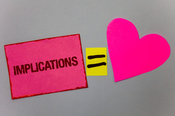 Text sign showing Implications. Conceptual photo Conclusion State of being involved Suggestion...