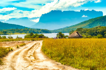 Auyan Tepui in the background, Carrao River and savannah in Canaima National Park, Venezuela