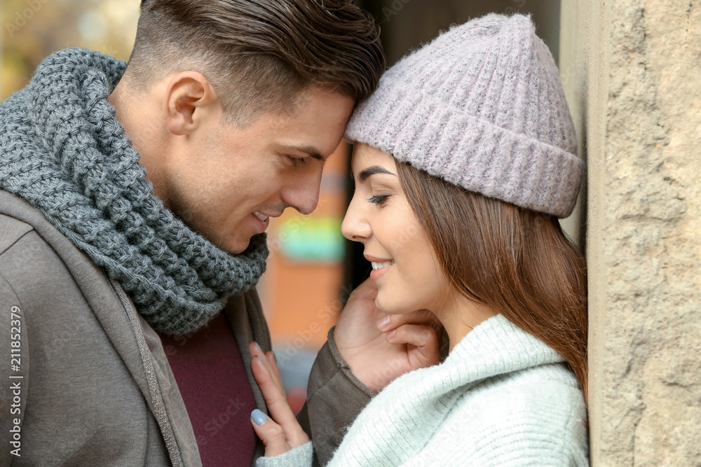 Canvas Prints Beautiful couple in warm clothes outdoors