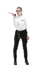 Female security guard using portable radio transmitter on white background