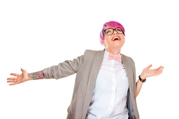 Young beautiful happy woman dancing hands in air