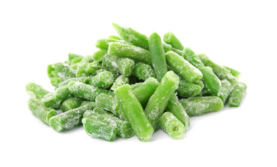 Frozen green beans on white background. Vegetable preservation