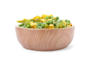 Bowl with frozen vegetable mix on white background