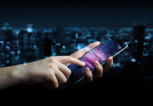 Hand Holding Smartphone with City Imagery Mockup