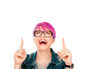 woman presenting pointing fingers up to copy space