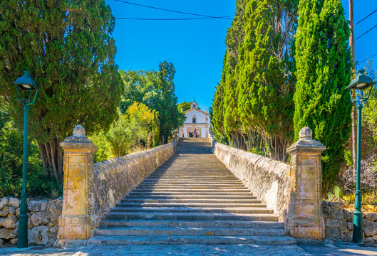 365 steps of Carrer del Calvari stairway leading to the El Calvari chapel at Pollenca, Mallorca, Spain