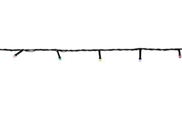 Christmas lights on white background, top view