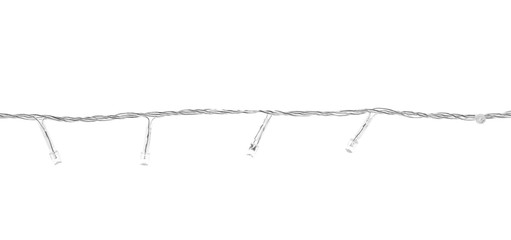 Christmas lights on white background, top view