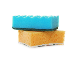 New sponges on white background. Cleaning supplies