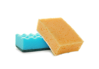 New sponges on white background. Cleaning supplies
