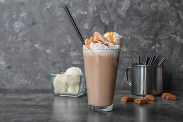 Printed kitchen splashbacks Milkshake Glass with delicious milk shake on table