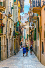 View of a narrow street in the historical center of Palma de Mallorca, Spain