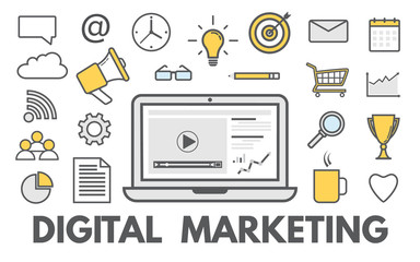 Digital marketing concept. Online business and purchasing. Social network. Advertisement and promotion. Modern icons design. Vector illustration