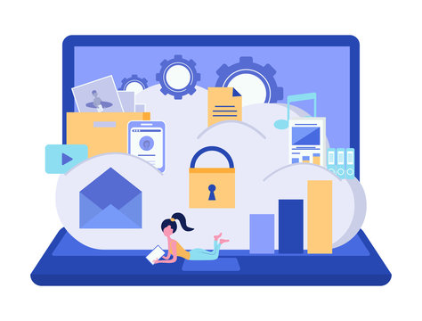 Cloud storage security. Data storage security concept. Data processing. Computer device. Vector illustration