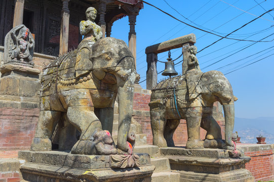 Ganesh Shrine, Uma Maheshwar Temple guarded by two stone elephants, Kirtipur, Nepal