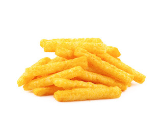 Pile of puffed cornmeal sticks isolated