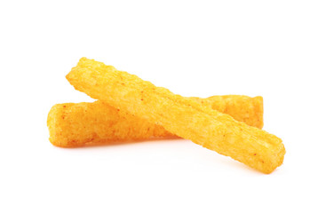 Pile of puffed cornmeal sticks isolated