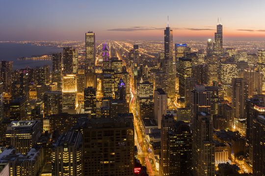 Chicago at sunset from 875 North Michigan Avenue (John Hancock Tower), looking towards Willis (Sears) and Trump Tower, Chicago, Illinois