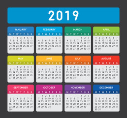 calendar 2019. Week starts on monday.