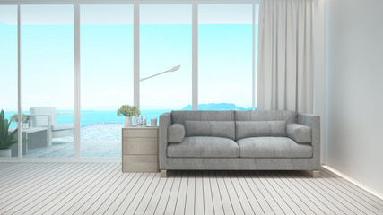 Living room and relax area on pool deck and swimming pool with panorama sea view - Living room and swimming pool sea view in hotel or resort - 3D Rendering