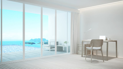 Workplace and relax area on pool deck and swimming pool with panorama sea view - Working room and swimming pool sea view in hotel or resort - 3D Rendering