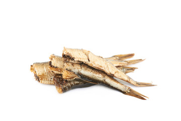 Pile of oil canned sprats isolated