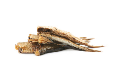 Pile of oil canned sprats isolated