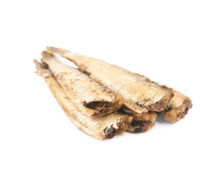 Pile of oil canned sprats isolated