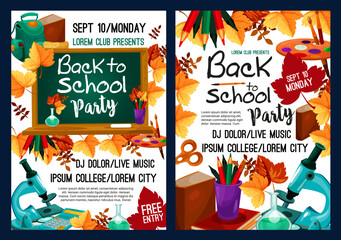 Back to school party poster with autumn leaf - obrazy, fototapety, plakaty