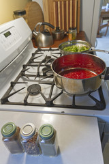Cooking Tomato Sauce, Peppers, and Spices