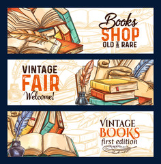 Vector sketch banners of old rare vintage books