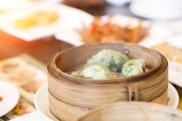 Chinese dim sum in bamboo steamer box
