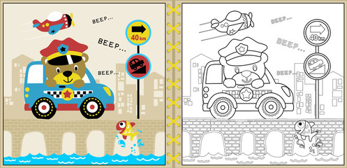 Vector of cute police cartoon with little car on bridge, coloring page or book