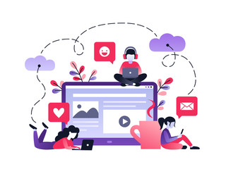 Vector ultraviolet gradient illustration of communication via the Internet, social networking, chat, video, news, messages, web site, mobile web graphics. Characters working with laptop at work desk.