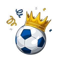 Vector colorful illustration of blue soccer ball in golden crown, isolated on white background. Soccer champion. Winner 1.2