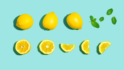 Fresh lemon pattern on a bright color background flat lay