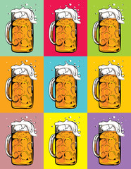 Color vector image of a beer mug. Drink with a lot of foam. Draught beer. Pop art  poster of beer mug