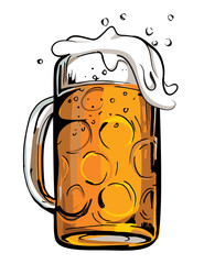 Color vector image of a beer mug. Drink with a lot of foam. Draft beer. Cartoon image.