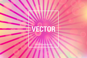 Vector colorful background with bokeh circles and rays in trendy colors.